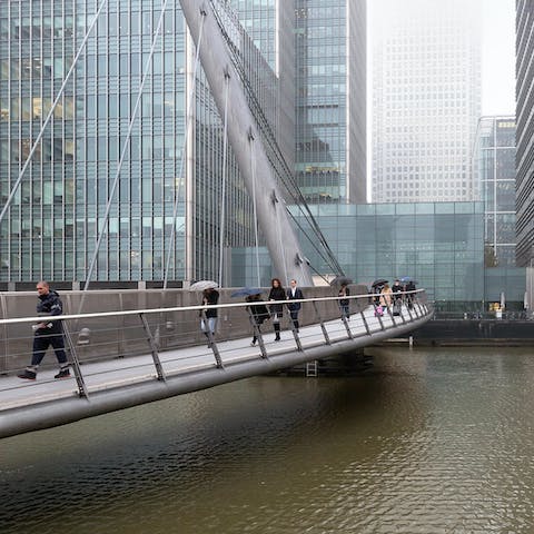 Cross the South Quay footbridge and be among Canary Wharf's skyscrapers in under ten minutes