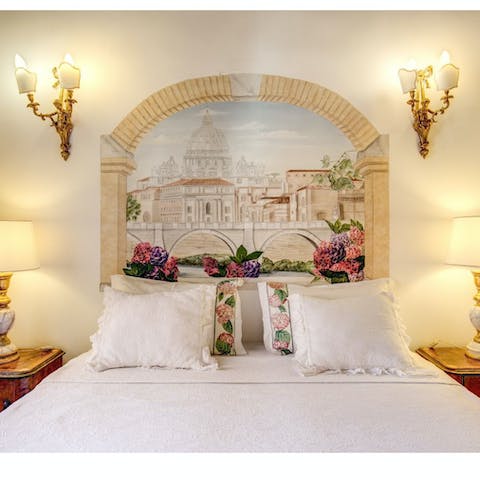 Wake up and admire the hand-painted Italian scenes above the beds