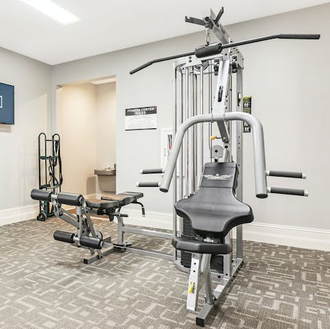Hit the building's gym to keep up your fitness regime