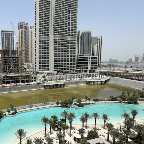 Cool off from the Emirati sun in the shared palm-lined pool