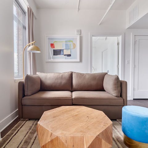 Stretch out on the sofa, after a day of exploring the sights of Nashville