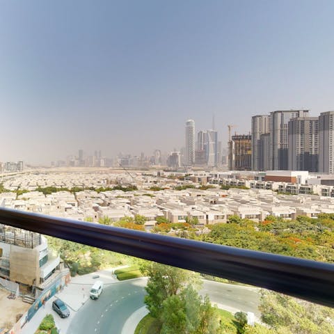 Take in the Dubai skyline views from the private balcony