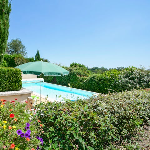 Splash about in the home's heated swimming pool surrounded by greenery