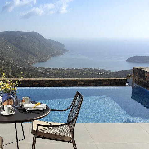 Take in the stunning views of Mirabello Bay and the island of Spinalonga from the terrace