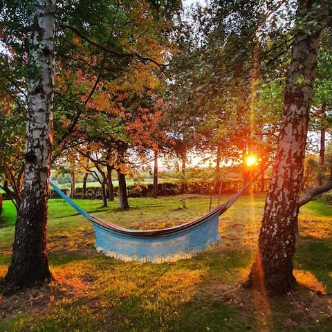 Lie back on the hammock as the sun sets through the trees