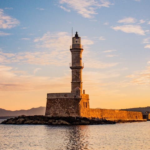 Visit the Venetian port of Chania, a thirty-minute drive away