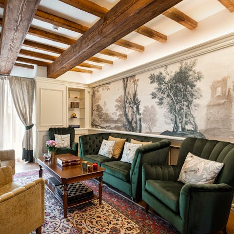 Choose between three lavish living rooms, frescoed and fabulous