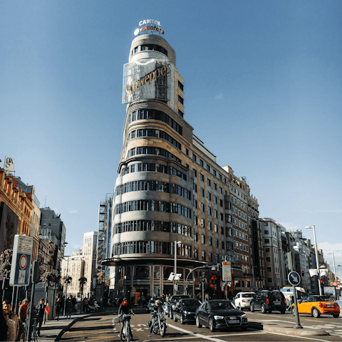 Stay right on Madrid's most famous street, Gran Vía with all of its shops, restaurants and theatres