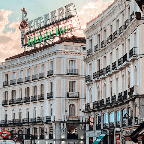  Awaken the senses with a trip to the vibrant Puerta de Sol – a six– minute walk away