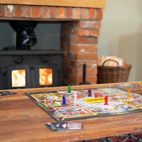Set up for a night of board games in front of the wood-burning stove