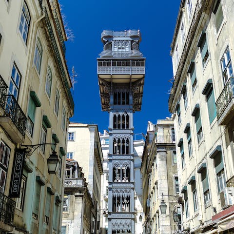 Walk to one of Lisbon's most iconic landmarks, the Elevador de Santa Justa, in under five minutes