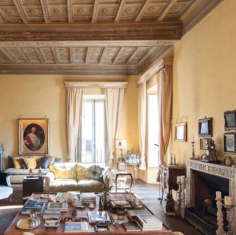 Take in the original Renaissance ceilings and ornamented fireplaces