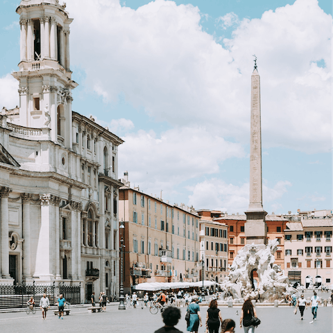 Marvel the baroque beauty of bustling Piazza Navona – a seven-minute walk away