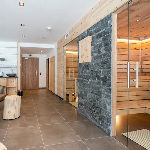 Unwind in the luxurious shared sauna to relax your muscles