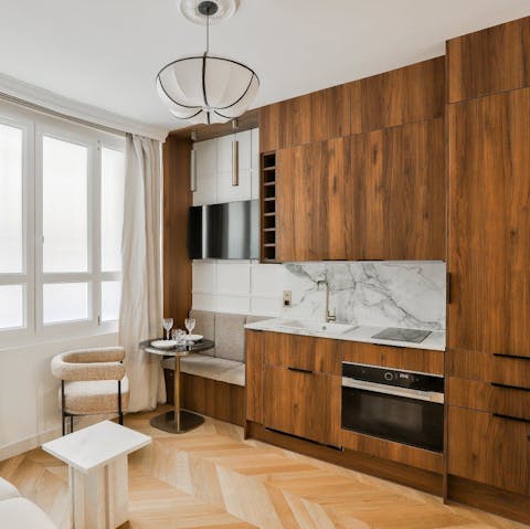 Begin your day with a coffee prepared in the sleek kitchenette