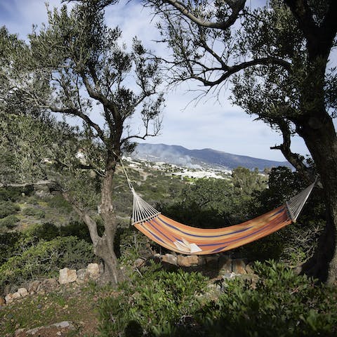 Relax on the hammock in the Elounda villa estate, beneath clear blue skies