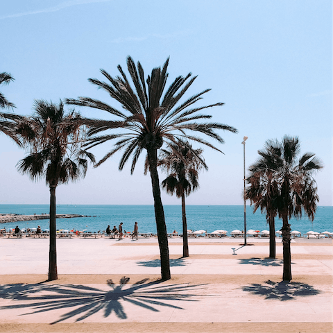 Hop in a taxi for a twenty-minute trip to Barceloneta Beach