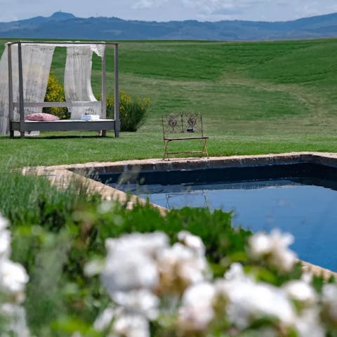 Dive into the heated salt-water infinity pool amid Sienese countryside