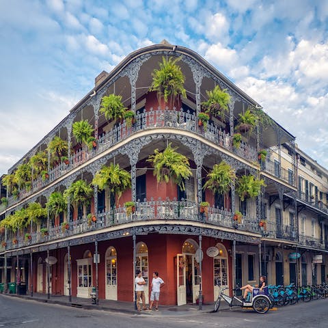 Explore the vibrant French Quarter – Bourbon Street is a ten-minute walk away