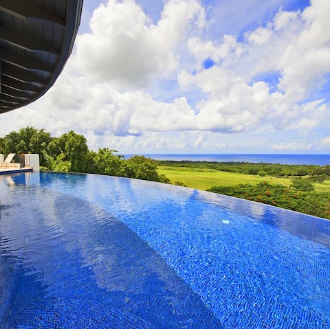 Swim lengths in the infinity pool that curves around the house