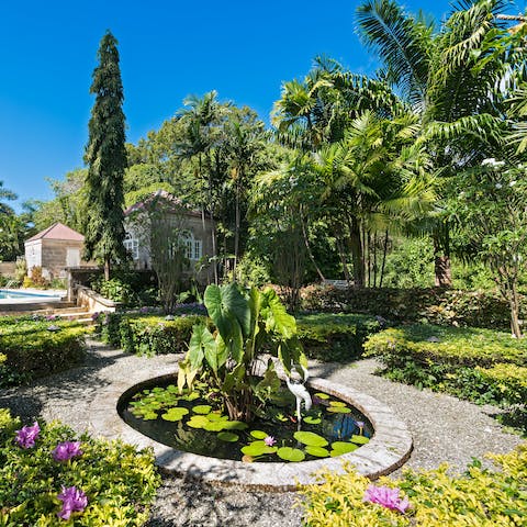 Have a stroll through the beautiful gardens with their ponds and palm trees