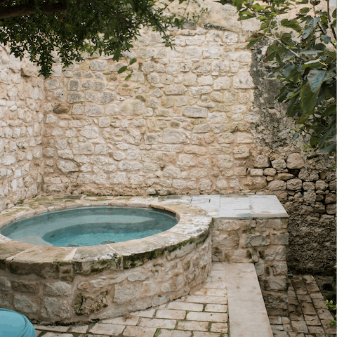 Indulge in a restorative soak in the hot tub beneath the pomegranate tree