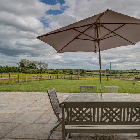 Enjoy morning coffees and alfresco dinners on the patio, looking out at the rural scenery