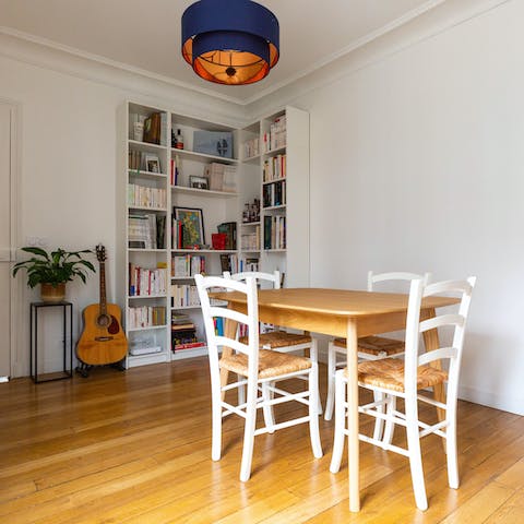 Start mornings with fresh coffee and croissants while perusing one of the many books on the shelves