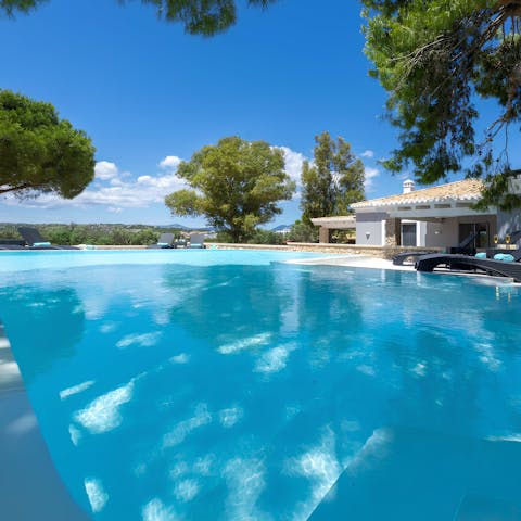Plunge into the vast swimming pool shaded by ancient trees