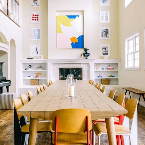 Feast in the striking, art-adorned dining room
