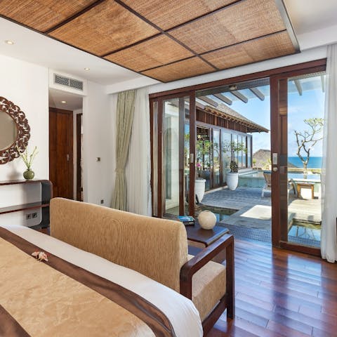 Wake up to sea views from the elegant bedroom