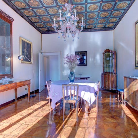 Admire the beautiful, one-of-a-kind ceiling in the dining room