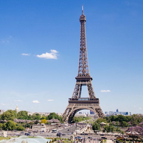 Gaze up at Paris' emblematic Eiffel Tower, a twenty-five-minute walk away