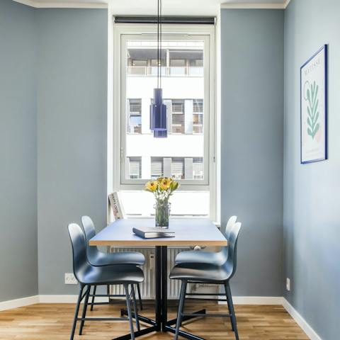 Sit down for light bites in the sleek dining area