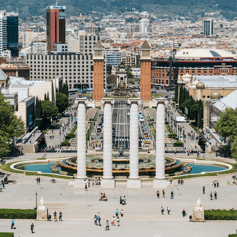 Visit bustling Plaça d'Espanya, a five-minute walk away