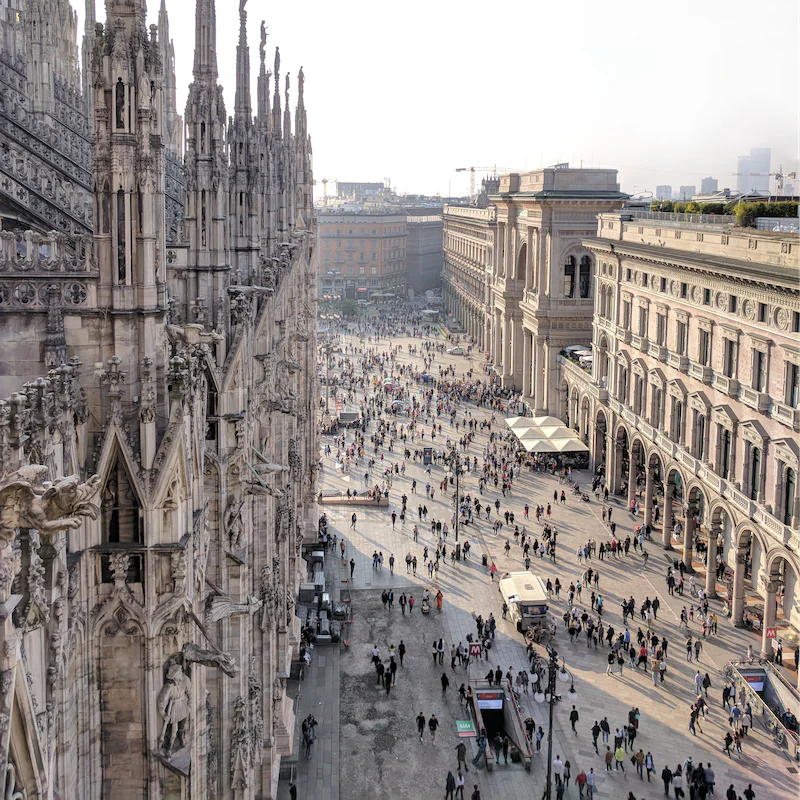 Stroll twenty-five minutes to the striking facade of Milan's Duomo
