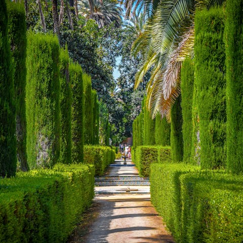 Visit the verdant gardens of Royal Alcázar, only a nine–minute walk away