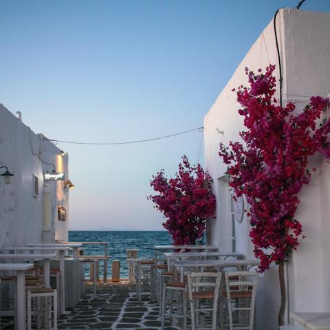Enjoy a special and memorable dinner along the Naoussa seafront, a short drive away