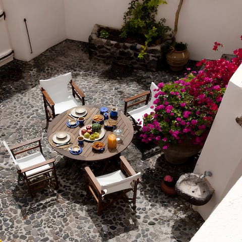 Share leisurely breakfasts in the sun-flooded courtyard