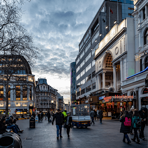 Visit London's bustling Leicester Square, a five-minute walk away