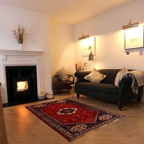 Snuggle up by the dining room's fireplace on cooler evenings