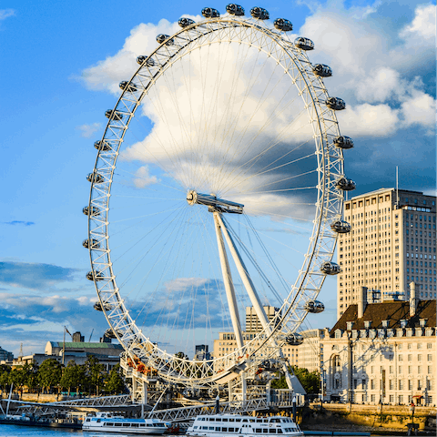 Take a ride on the famous London Eye, an eighteen-minute walk away