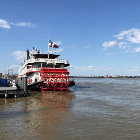 Take a Steamboat Natchez cruise down the Mississippi River, fifteen minutes away on foot
