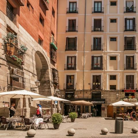 Have dinner on a terrace in Plaza Mayor, just steps from your home
