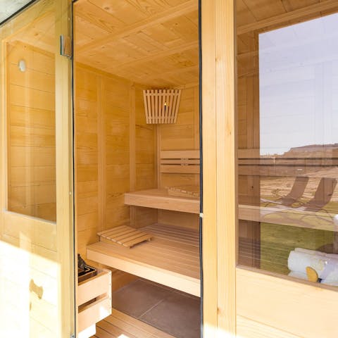 Unwind in the private sauna, following an action-packed day of exploring Crete island 