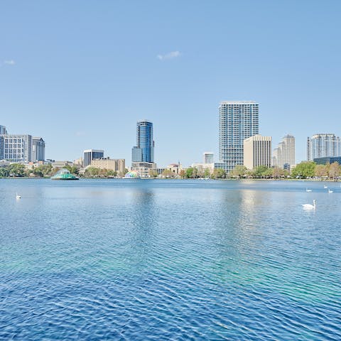 Enjoy a gentle stroll around Lake Eola Park, a short drive away