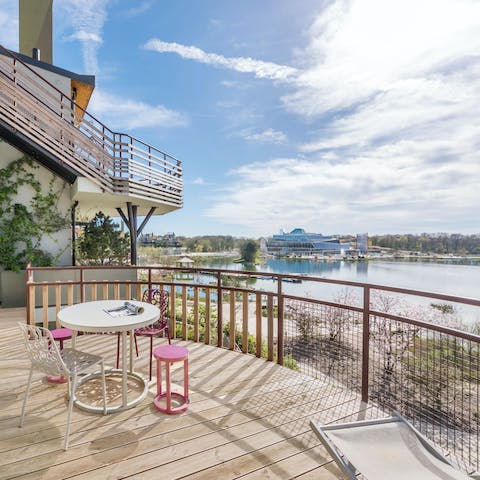 Sip your morning coffee out on your balcony overlooking the lake