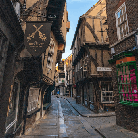 Wind through the medieval shopping streets of The Shambles, a fourteen-minute walk from home
