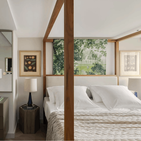 Get an amazing night's sleep in the calming bedroom, complete with four-poster bed