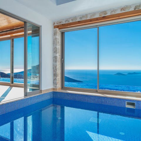 Jump from your bed into the heated indoor plunge pool overlooking the sea